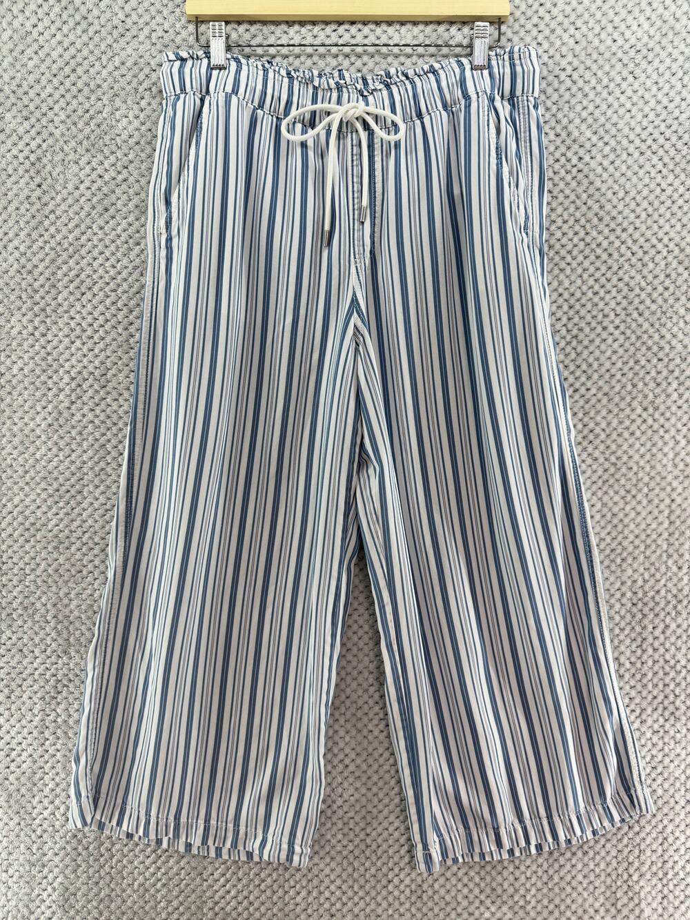 LOFT Pants Womens L White Blue Striped Lyocell Wide Leg Sailor Drawstring